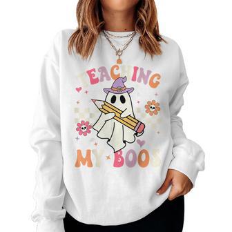 Teaching My Boos Teacher Cute Ghost Groovy Teacher Halloween Women Sweatshirt - Thegiftio UK