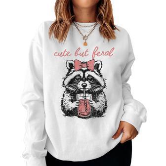 Vintage Cute But Feral Raccoon With Coffee Lovers Women Sweatshirt - Thegiftio UK