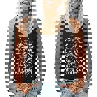 Bat Shit Crazy Halloween Witch Messy Bun Skull On Back Women Tank Top - Monsterry