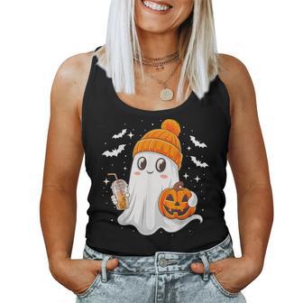 Ghost With Coffee Beanie And Pumpkin Halloween Costume Women Tank Top - Thegiftio UK