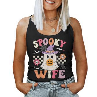 Groovy Spooky Wife Retro Ghost Holding Pumpkin Halloween Women Tank Top - Thegiftio UK