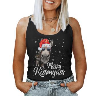 Merry Kissmyass Donkey Sarcastic Xmas Pajama Christmas Women Tank Top - Thegiftio UK