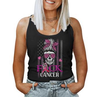 Messy Bun Skull Brustkrebs Bewusstsein Fuck-Cancer Usa Flagge Tank Top Frauen - Geschenkecke