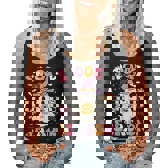 Spooky Season Ghost Holding Pumpkin Groovy Halloween Ghost Women Tank Top - Thegiftio UK