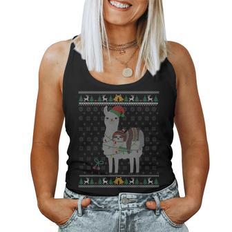 Ugly Christmas Sweater Sloth Riding Llama Elf Hat Outfit Women Tank Top - Thegiftio UK