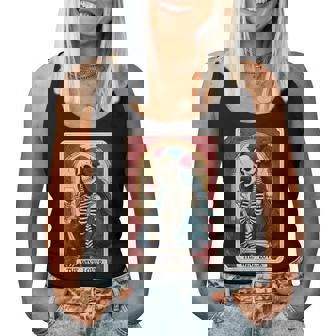 Wine Lover Tarot Card Skeleton Drinking Wine Goth Halloween Women Tank Top - Monsterry