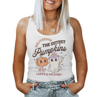 Delivering Cutest Little Pumpkins Groovy L&D Nurse Halloween Women Tank Top - Thegiftio UK