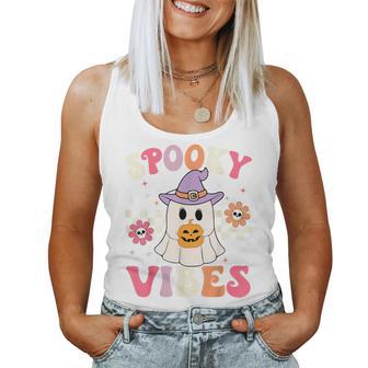 Groovy Spooky Vibes Retro Ghost Holding Pumpkin Halloween Women Tank Top - Thegiftio UK