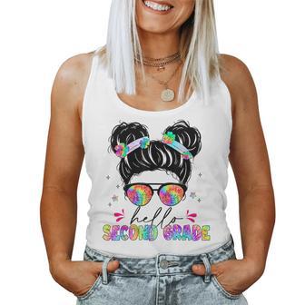 Hello Second Grade Messy Bun Tie Dye Back To School Women Tank Top - Thegiftio UK