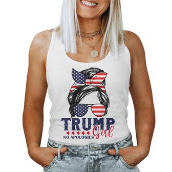 Trump Girl No Apologies Messy Bun Trump 2024 American Flag Women Tank Top - Monsterry DE