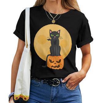 Black Cat On Pumpkin – Black Cat Pumpkin Scary Halloween Women T-shirt - Monsterry