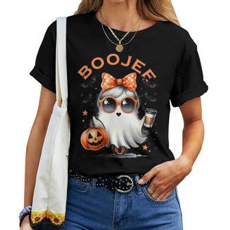 Boo Jee Ghost With Coffee Coquette Bow Halloween Girl Women T-shirt - Thegiftio UK