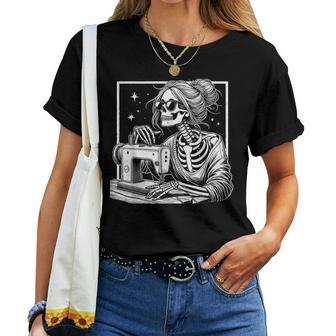 Bun Hair Skeleton Sewer Quilter Halloween Sew Girls Women T-shirt - Thegiftio UK