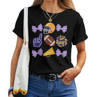 Coquette Bow Football Purple Gold Game Cheer Mom Touchdown Women T-shirt - Thegiftio UK