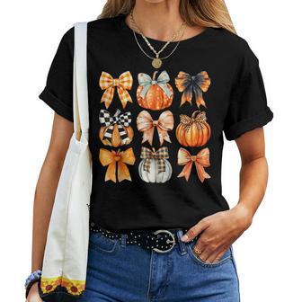 Coquette Bow Thanksgiving Pumpkin Season Autumn Fall Leaves Women T-shirt - Thegiftio UK