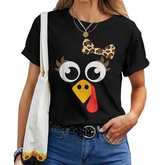 Cute Turkey Face With Leopard Bow For Thanksgiving Girl Women T-shirt - Thegiftio UK