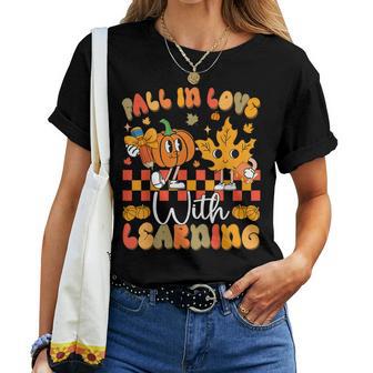Fall In Love With Learning Teacher Autumn Pumpkin Women T-shirt - Thegiftio UK