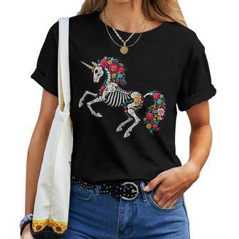 Floral Skeleton Unicorn Mexican Dia De Los Muertos Halloween Women T-shirt - Thegiftio UK