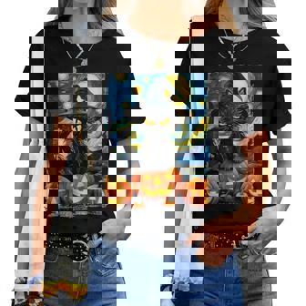 Halloween Black Cat Van Gogh Mom Of The Starry Night Cat Women T-shirt - Monsterry