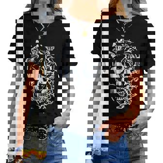 Halloween Skull Floral Butterfly Bleached Vintage Women T-shirt - Monsterry