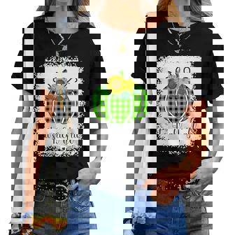 Its Fall Yall Halloween Bleached Green Pumpkin Buffalo Plaid Women T-shirt - Monsterry