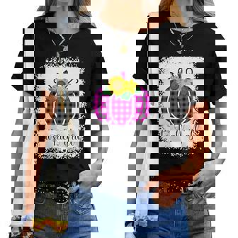 It's Fall Yall Halloween Bleached Pink Pumpkin Buffalo Plaid Women T-shirt - Monsterry
