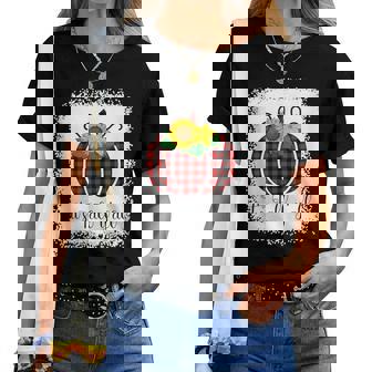 It's Fall Y'all Halloween Bleached Red Pumpkin Buffalo Plaid Women T-shirt - Monsterry