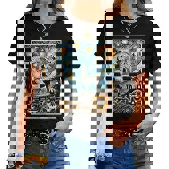 Llama Pumpkin Halloween Starry Night Van Gogh Painting Women T-shirt - Monsterry