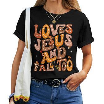 Love Jesus And Fall Too Autumn Christian Religious Groovy Women T-shirt - Thegiftio UK
