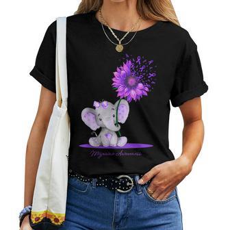 Migraine Awareness Cute Elephant Sunflower Purple Ribbon Women T-shirt - Monsterry