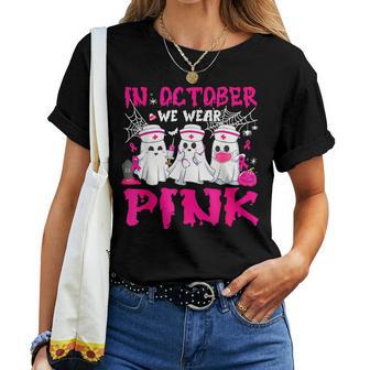 In October We Wear Pink Nurse Ghost Halloween Breast Cancer Women T-shirt - Thegiftio UK