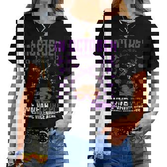 In October We Wear Purple Domestic Violence Afro Messy Bun Women T-shirt - Monsterry