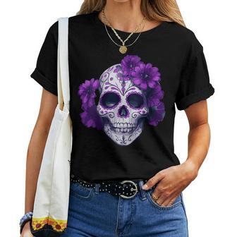 Purple Floral Black Sugar Skull Day Of The Dead Mexican Pray Women T-shirt - Thegiftio UK