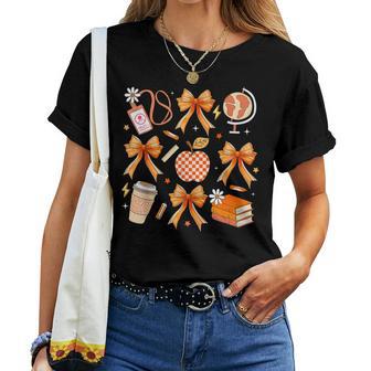 Retro Coquette Bow Teacher Fall Autumn Thanksgiving Women T-shirt - Thegiftio UK