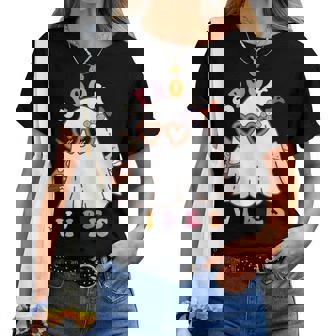 Spooky Vibes Ghost Halloween October Fall Autumn Cute Happy Women T-shirt - Monsterry