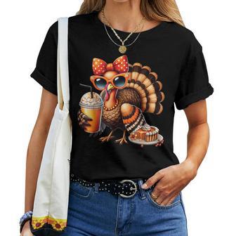 Turkey Drinking Coffee Bow Thanksgiving Turkey Day Women T-shirt - Thegiftio UK