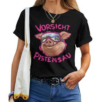 Women's Ski Rabbit Outfit Caution Pistensau Après Ski Party T-shirt Frauen - Geschenkecke