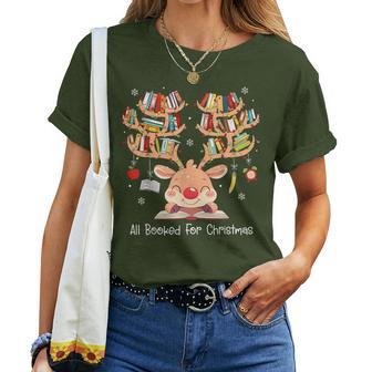 Christmas Reindeer Books All Booked For Christmas Teacher Women T-shirt | Seseable UK