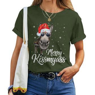 Merry Kissmyass Donkey Sarcastic Xmas Pajama Christmas Women T-shirt - Thegiftio UK