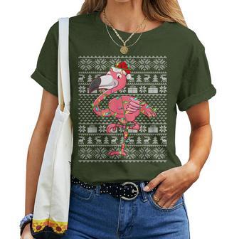 Pink Flamingo Christmas Ugly Sweater Style Lights Xmas Women T-shirt - Thegiftio UK