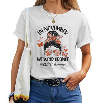 Copd Awareness Messy Bun Support In November We Wear Orange Women T-shirt - Thegiftio UK