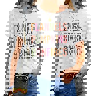 Flannels Hayrides Pumpkins Sweaters Bonfires Fall Pumpkin Women T-shirt - Monsterry