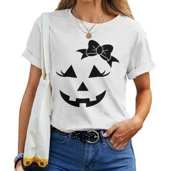 Fun Jack O Lantern Pumpkin Face Eyelashes Bow Halloween Girl Women T-shirt - Thegiftio UK