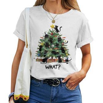Black Cat Pushing Christmas Tree Over Cat What Womens Women T-shirt - Thegiftio UK