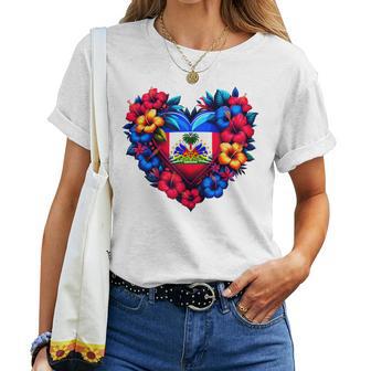Haiti Haitian Heritage Month Flag Flower Heart Women T-shirt - Thegiftio UK