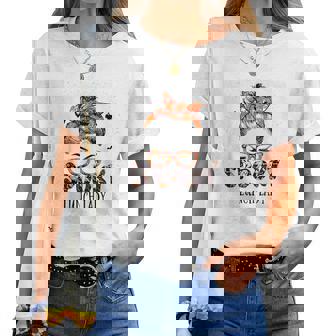 Messy Bun Spooky Lunch Lady Bleached Halloween Pumpkin Women T-shirt - Monsterry