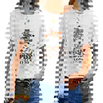 Messy Bun Spooky Teacher Bleached Halloween Pumpkin Women T-shirt - Monsterry