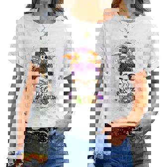 Witchy Teacher Halloween Messy Bun Teacher Bleached Women T-shirt - Monsterry