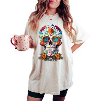 Floral Sugar Skull Day Of Dead Dia De Los Muertos Men Women's Oversized Comfort T-shirt - Thegiftio UK