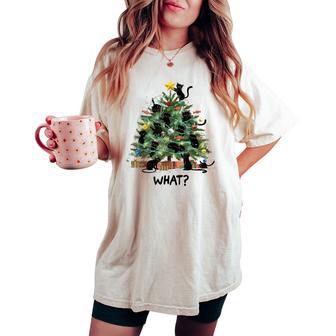 Black Cat Pushing Christmas Tree Over Cat What Womens Women's Oversized Comfort T-shirt - Thegiftio UK